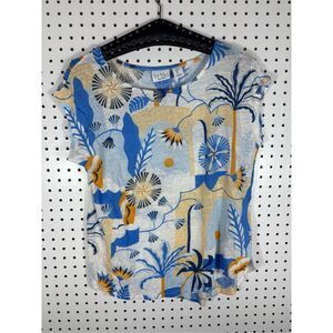 Nicole Miller Women's Linen Slub Knit Tropical Print Short Sleeve T Shirt Top si